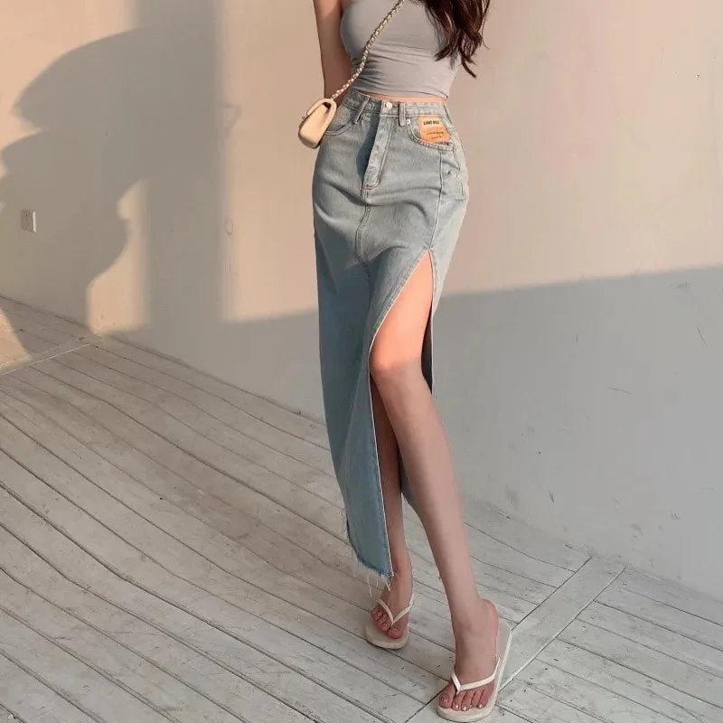 Huibahe Long Denim Skirt Vintage Women Solid High Waist A-LINE Slim Korean Style Jean Slit Midi Skirt Summer Fashion Girl