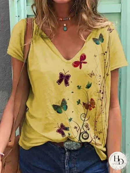 Butterfly Print Short-sleeved V-neck T-shirt