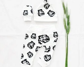 Pornhint Shetland Sheepdog Print Baby Hat Mittens Leggings Set, Sheltie Dog Themed Baby Shower Gift Girl Boy, Organic Baby Clothes, Newborn Gift