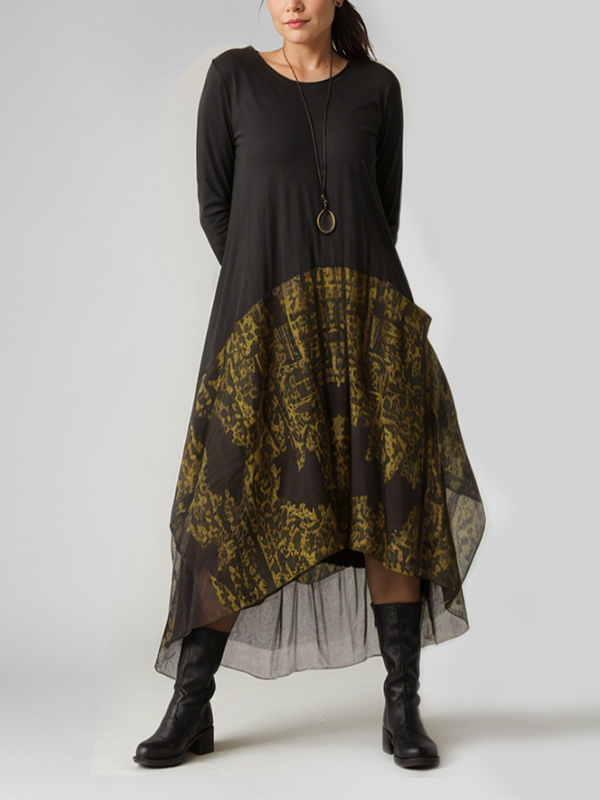 Long Sleeve Patchwork Asymmetric Mesh Midi Dress