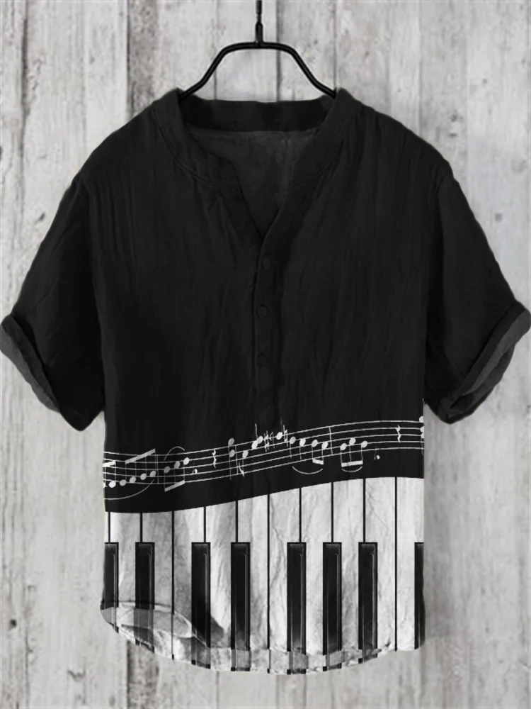 Music Notes & Piano Keys Contrast Linen Blend Shirt