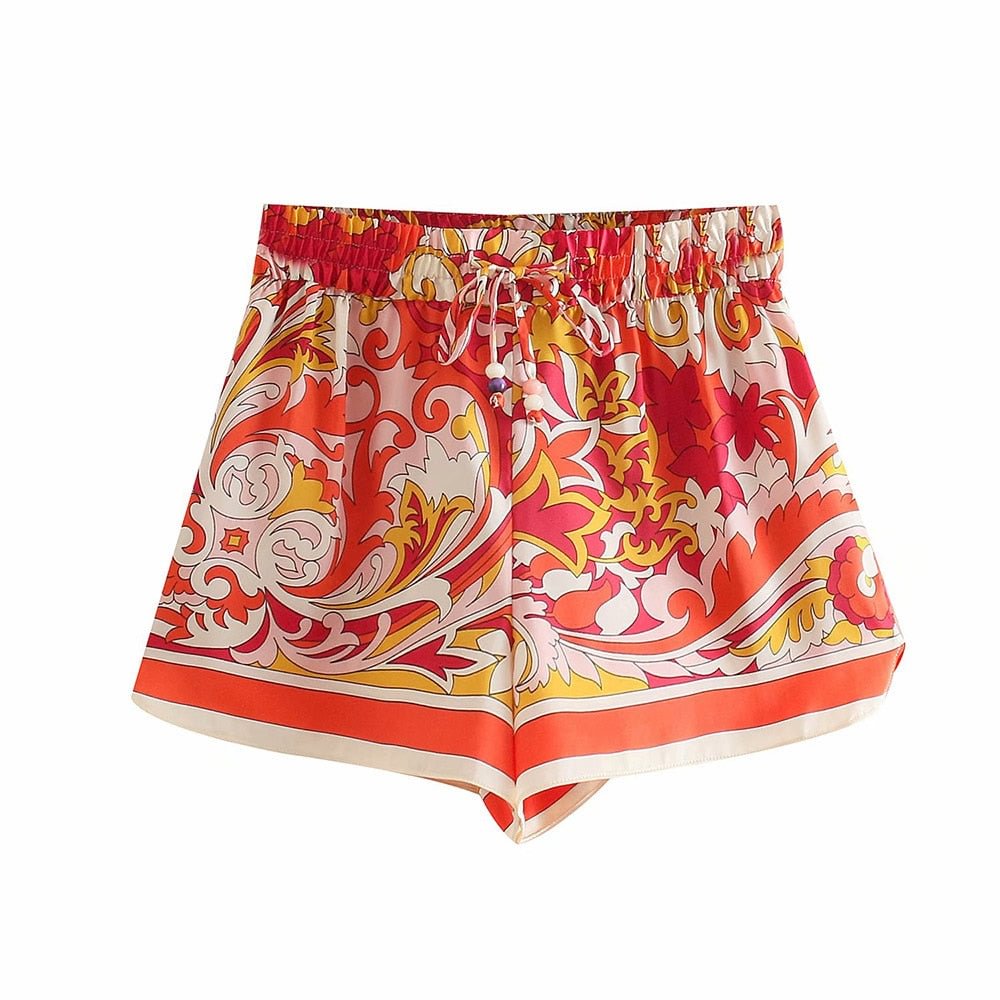 TRAF Women Chic Fashion Totem Print Side Vents Shorts Vintage High Elastic Waist Drawstring Female Short Pants Mujer