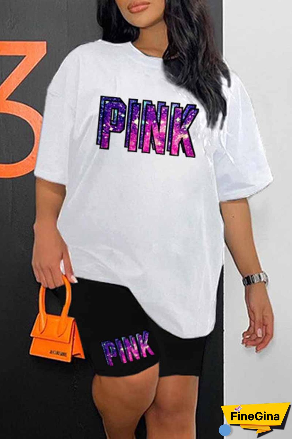 Blue Casual Print Letter O Neck Short Sleeve Two Pieces