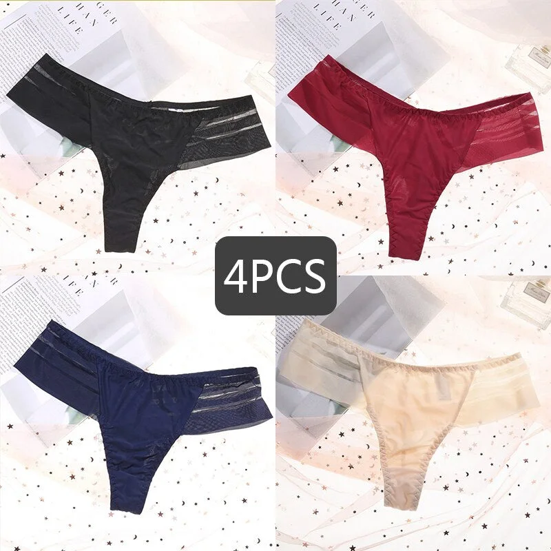 FINETOO Women's Sexy Lace Panties Seamless Cotton Crotch Breathable Ladies Transparent Underwear 4Pcs/set Comfortable Underpants