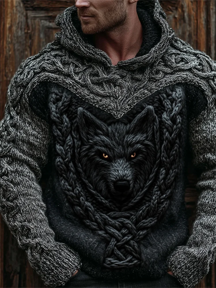 Men's Viking Wolf Celtic Crochet Hooded Cozy Chunky Sweater