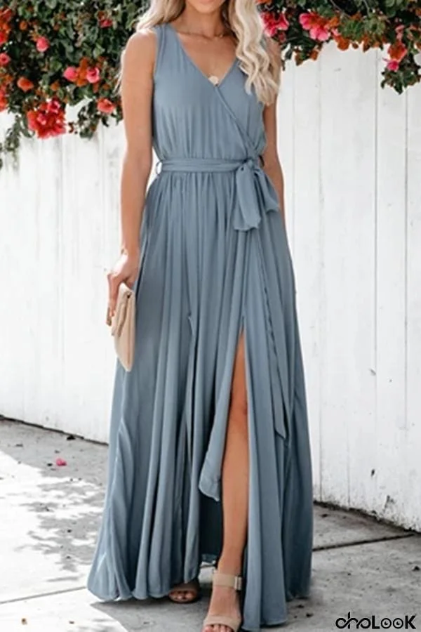 Elegant  V Neck Mid Waist Sleeveless Maxi Dress