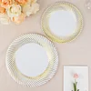 10 Pack | 7" White / Gold Swirl Rim Plastic Dessert Appetizer Plates, Round Disposable Salad Plates
