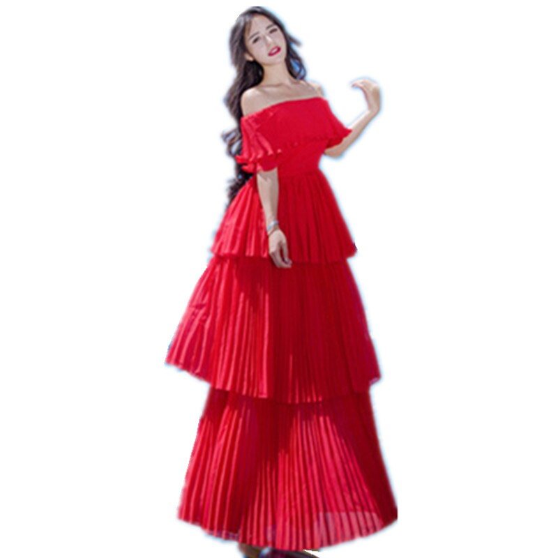 Self Portrait Summer Runway Beach Dress Women Sexy Off The Shoulder Cascading Ruffle Pleated Mid-calf Red White Long Dresses