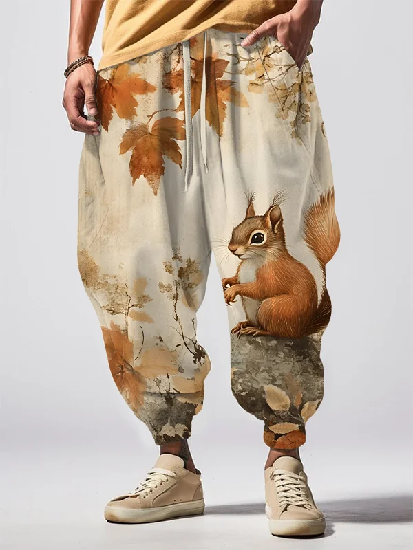 Men's Squirrel And Maple Leaf Print Loose Drawstring Waist Sweatpants