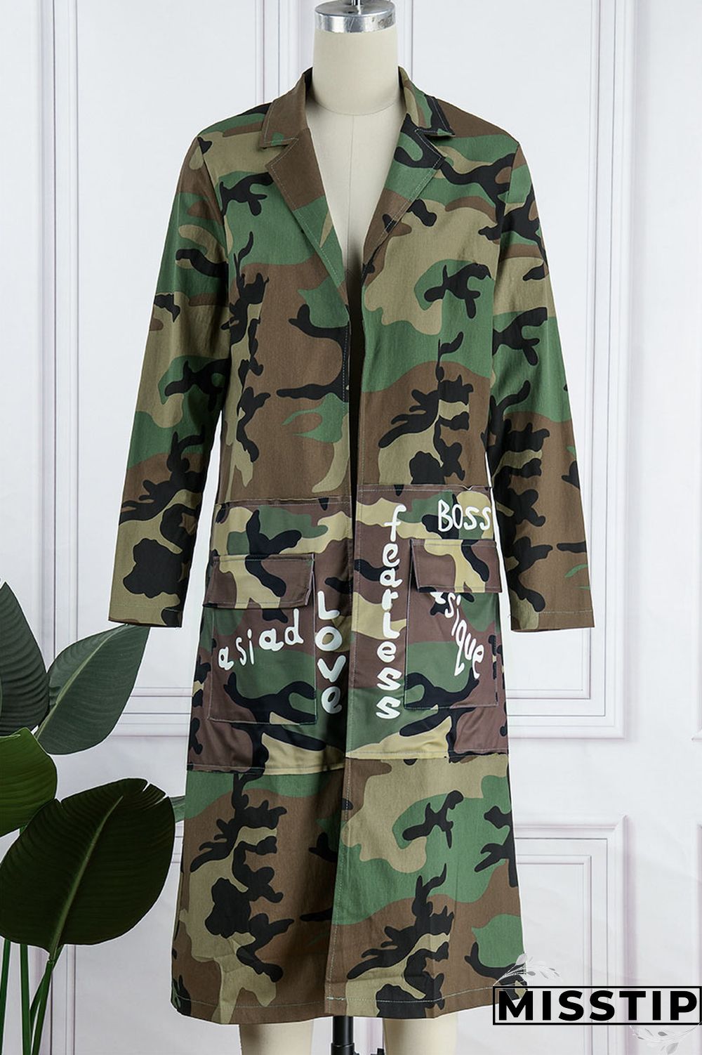 Camouflage Casual Street Print Camouflage Print Patchwork Turn-back Collar Outerwear