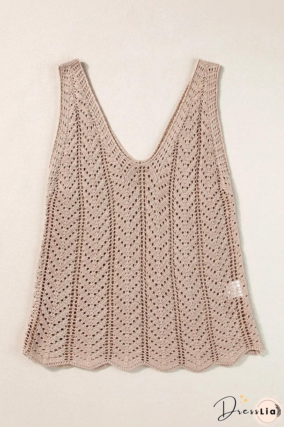 Pale Khaki Scalloped Hem V Neck Crochet Knit Vest