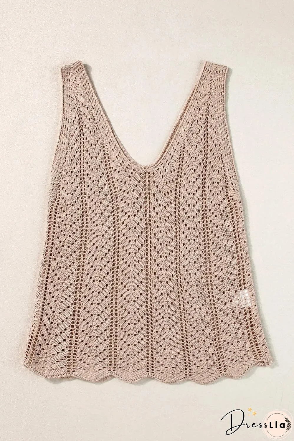 Pale Khaki Scalloped Hem V Neck Crochet Knit Vest