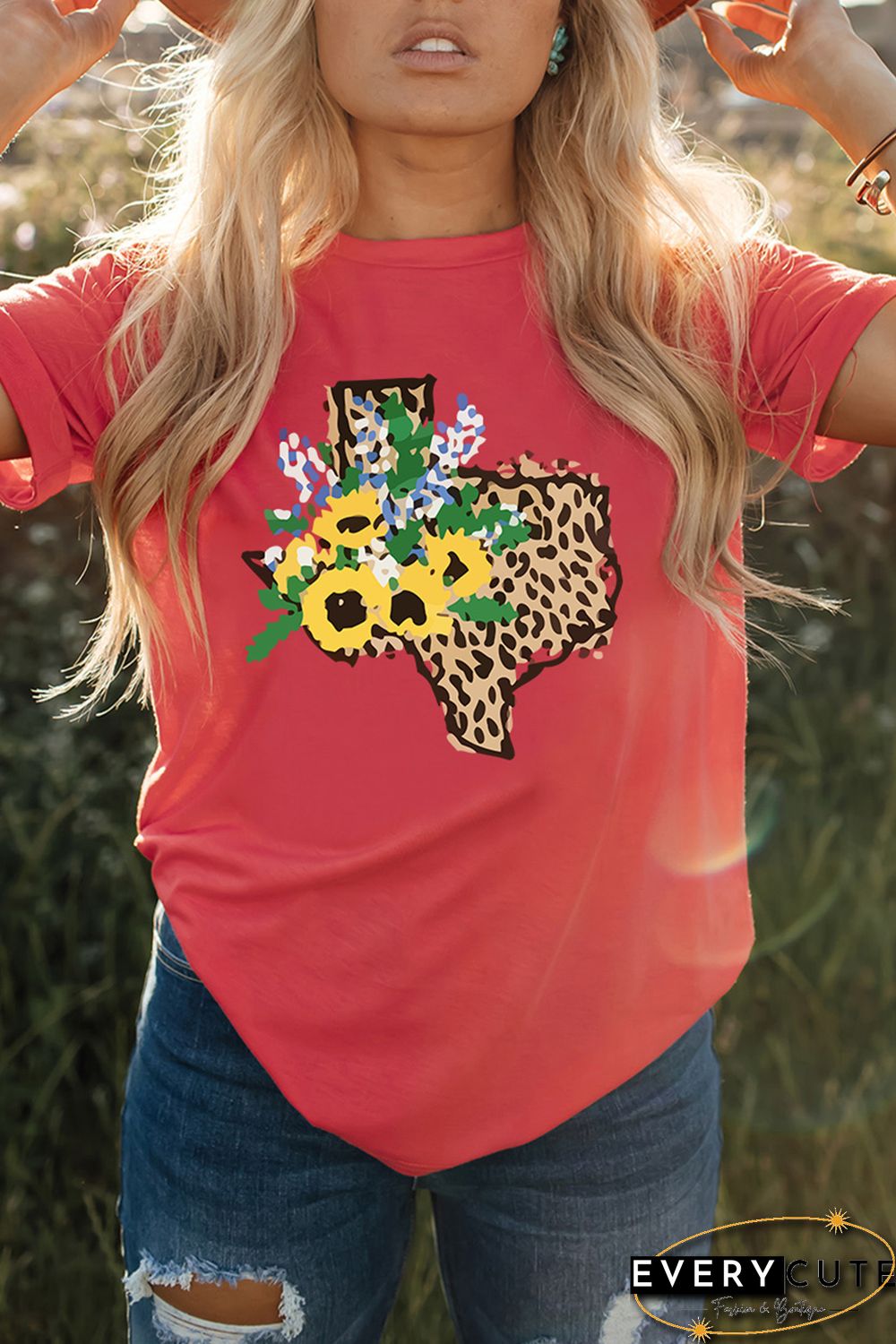 Red Leopard Sunflower Texas Print Graphic T Shirt