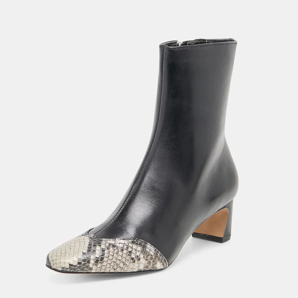 Black Snakeskin Pattern Closed Toe Chunky Heel Ankle Boots with Zipper