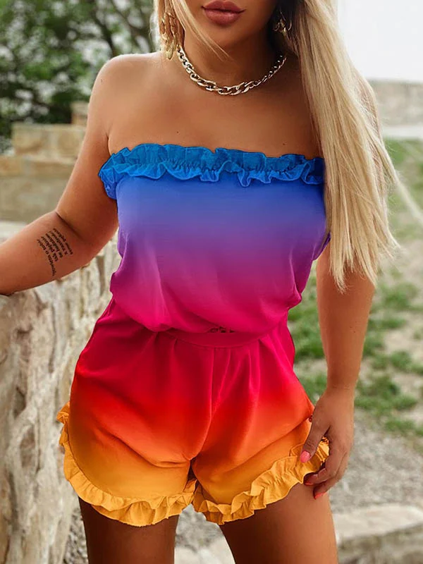 High Waisted Plus Size Gradient Ruffled Tied Waist Tube Rompers