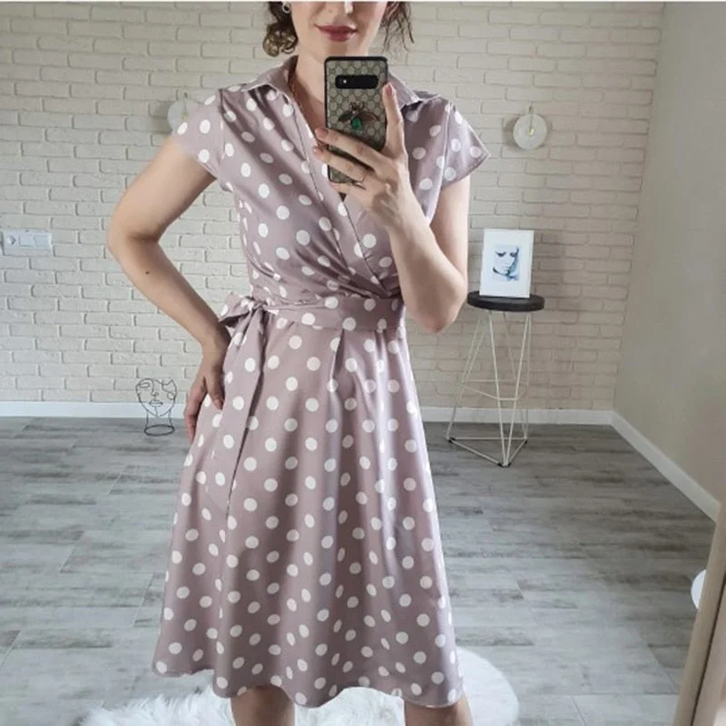 Women Casual A line Dot Printing V neck Lace Turn Down Collar Off the shoulder Mid Dress Pink2021 New Fashion Sexy Summer Dress