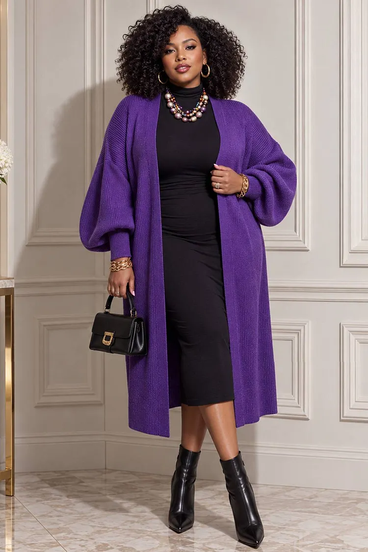 Xpluswear Design Plus Size Daily Purple Lantern Sleeve Long Sleeve Rib Knit Cardigans [Pre-Order] 2024 - Xpluswear