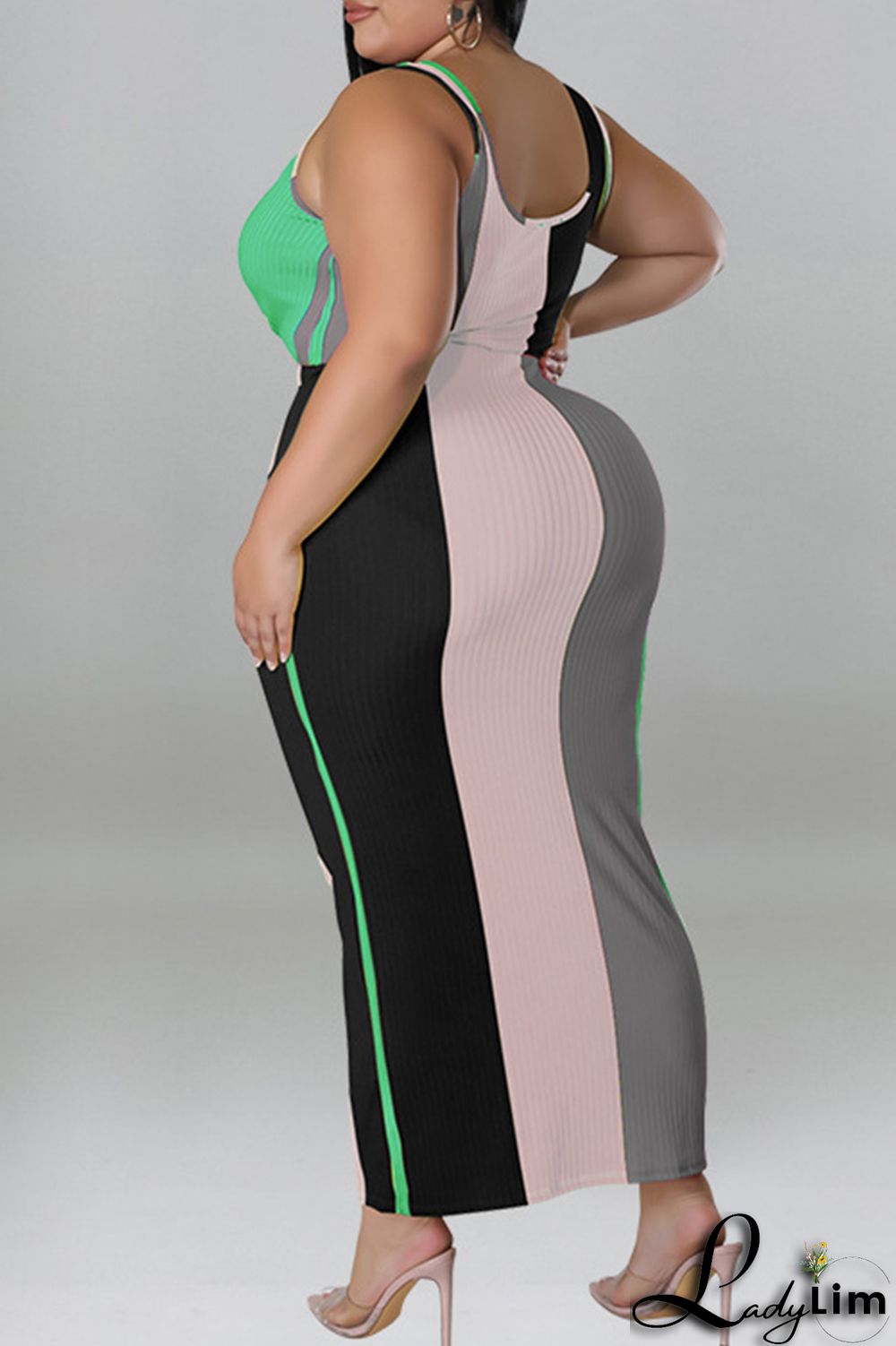 Blue Fashion Casual Striped Print Patchwork Contrast U Neck Plus Size Two Piece Set