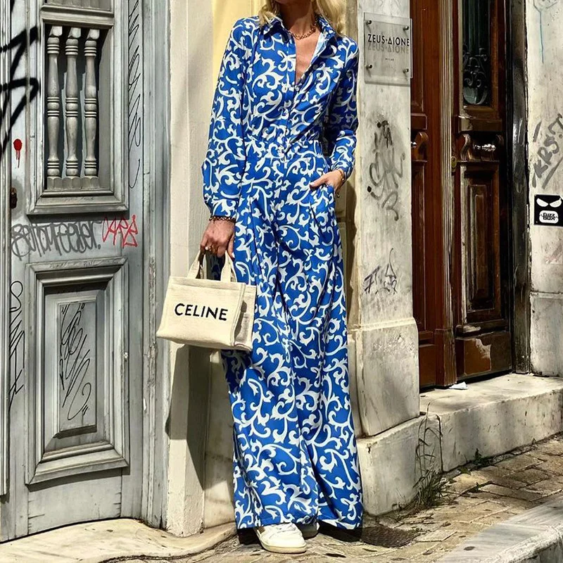 Woherb Woherb Spot 2023 Spring New Women's Temperament Fashion Print Lapel Closed Waist In The Long Dress-Outfit Ideas