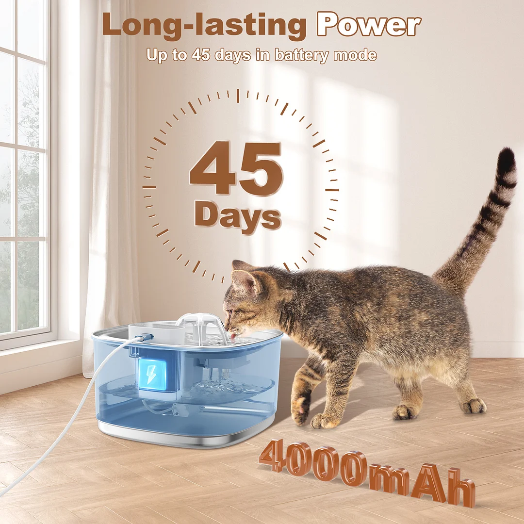  BEBANG Wireless Cat Water Fountain Battery Operated, 108oz/3.2L Automatic Pet Fountain for Dogs Cats Drinking Indoor, 8 Filters