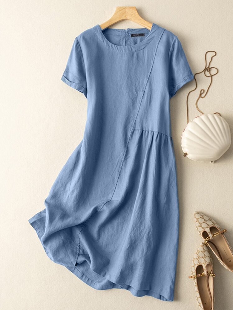Solid Short Sleeve Crew Neck Casual Dress For Women