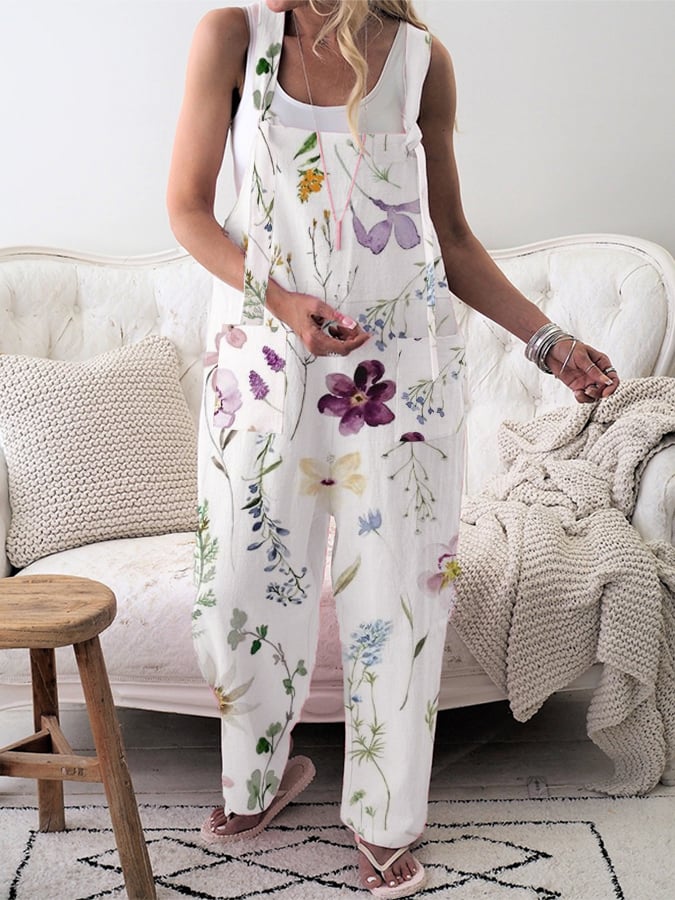 Women's Stylish Botanical Floral Design Casual Pocket Jumpsuit