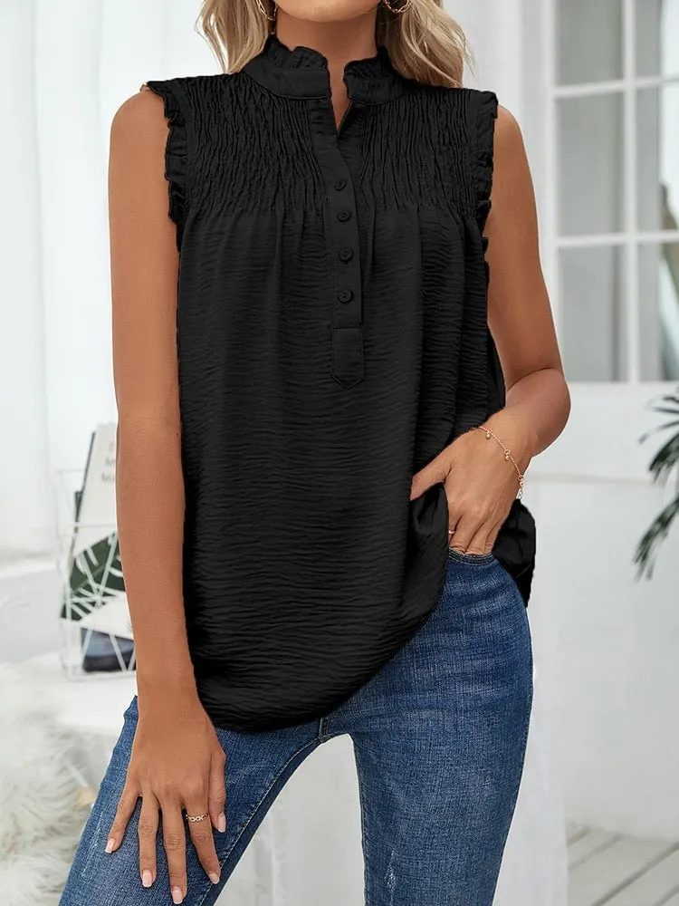 Summer Solid Sleeveless For Blouses Women 2022 Fashion Stand Collar Elegant Office Work Shirts Lady Plus Size Casual Blouse Tops