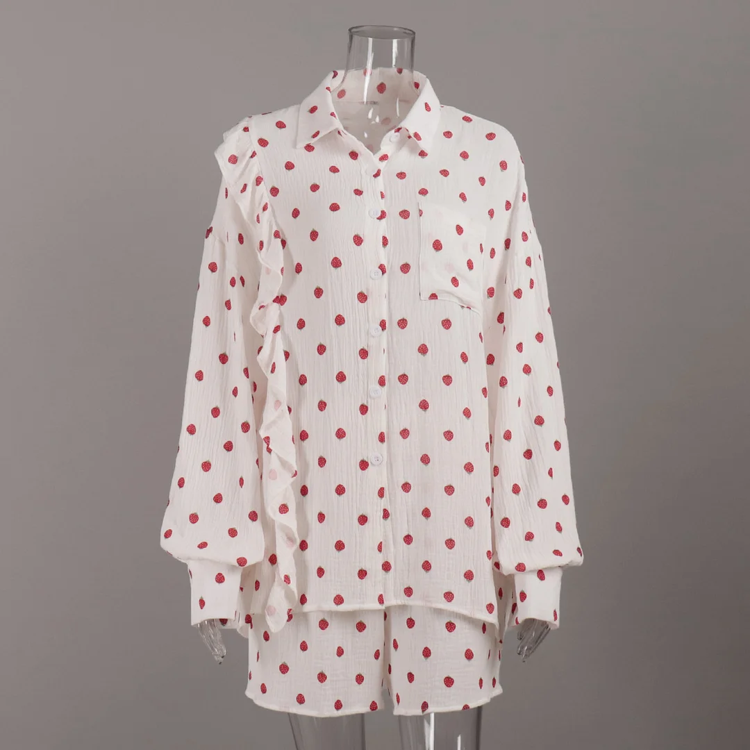 Churchf Churchf Set Heart-Shaped Print Stitching Wood Ear Long Sleeve Shirt Shorts Set Pure Cotton Set