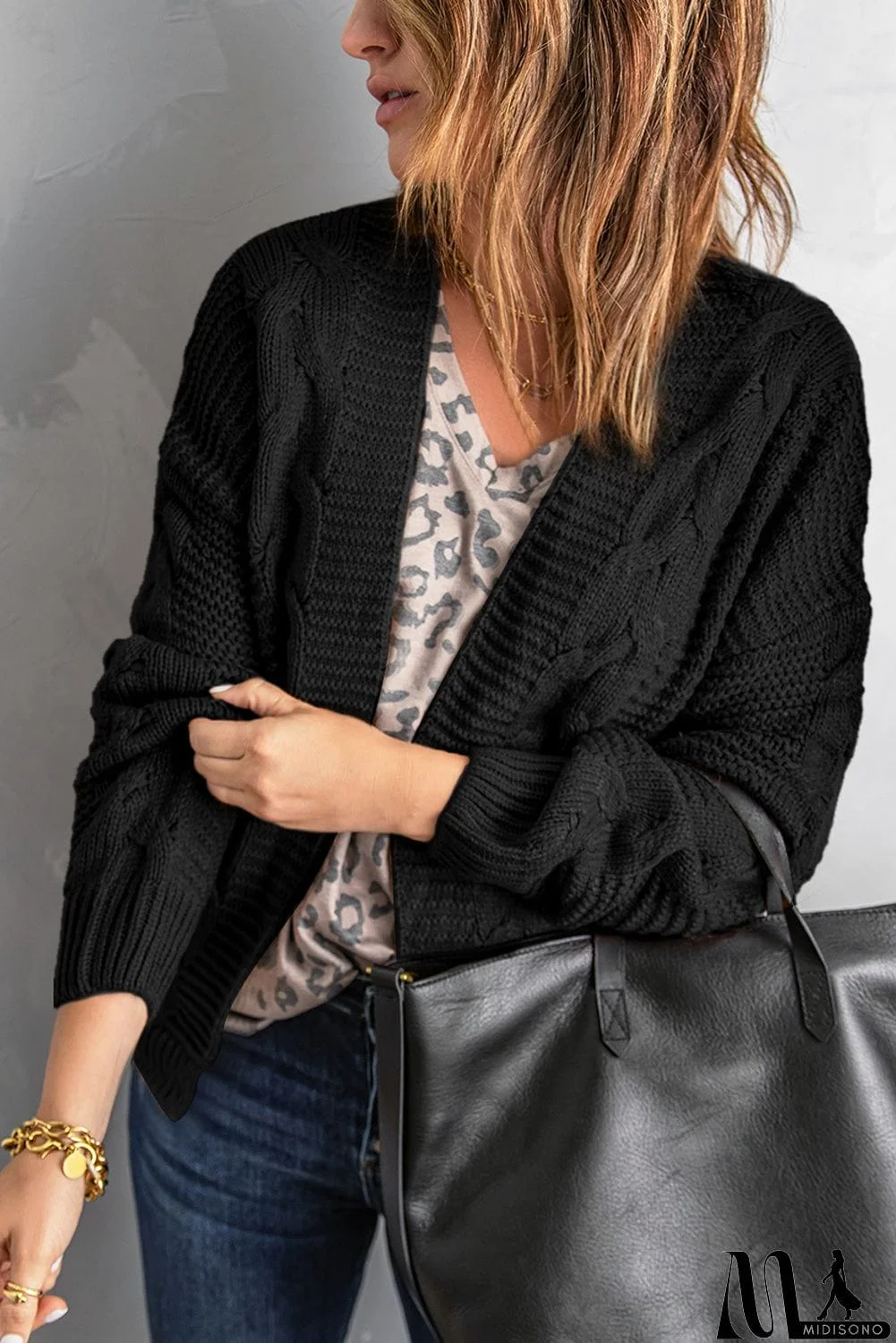 MidiSono - Fashion Black Chunky Wide Long Sleeve Knit Cardigan