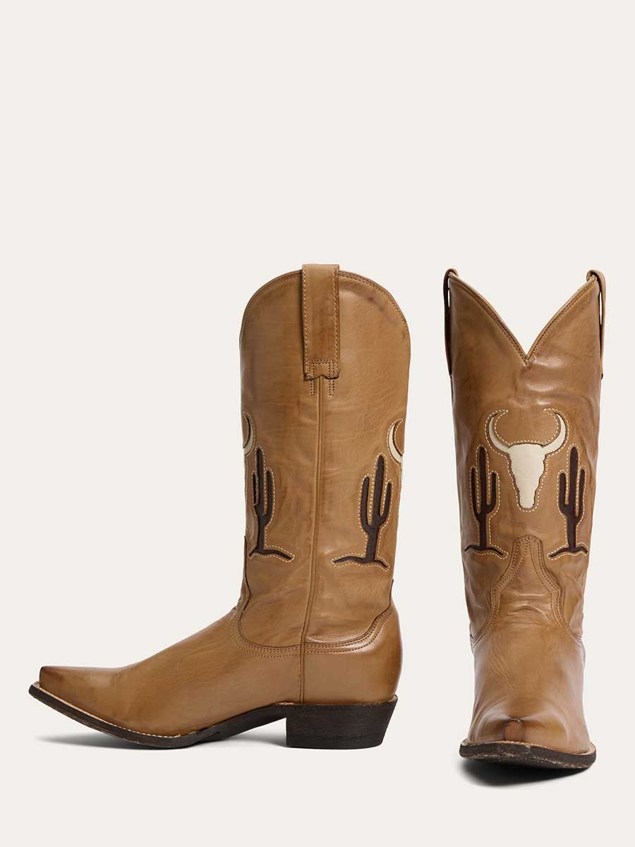 Tan Bull & Cactus Inlay Chunky Heel Snip Toe Mid-Calf Cowgirl Boots