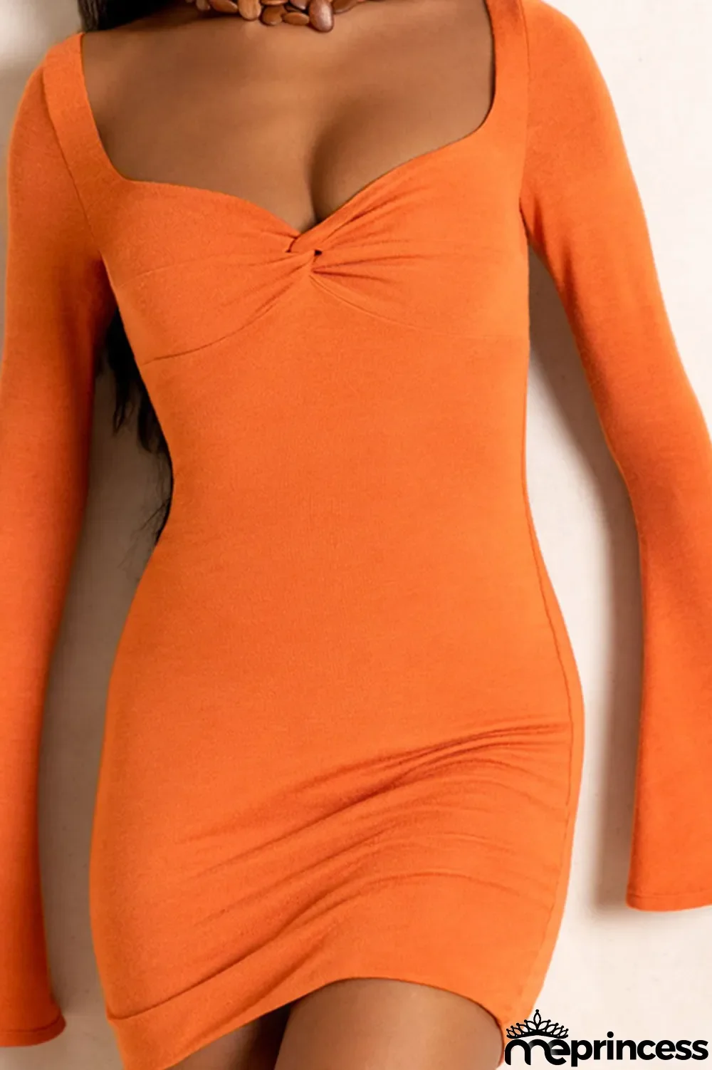 Tangerine Red Sexy Solid Patchwork V Neck Pencil Skirt Dresses