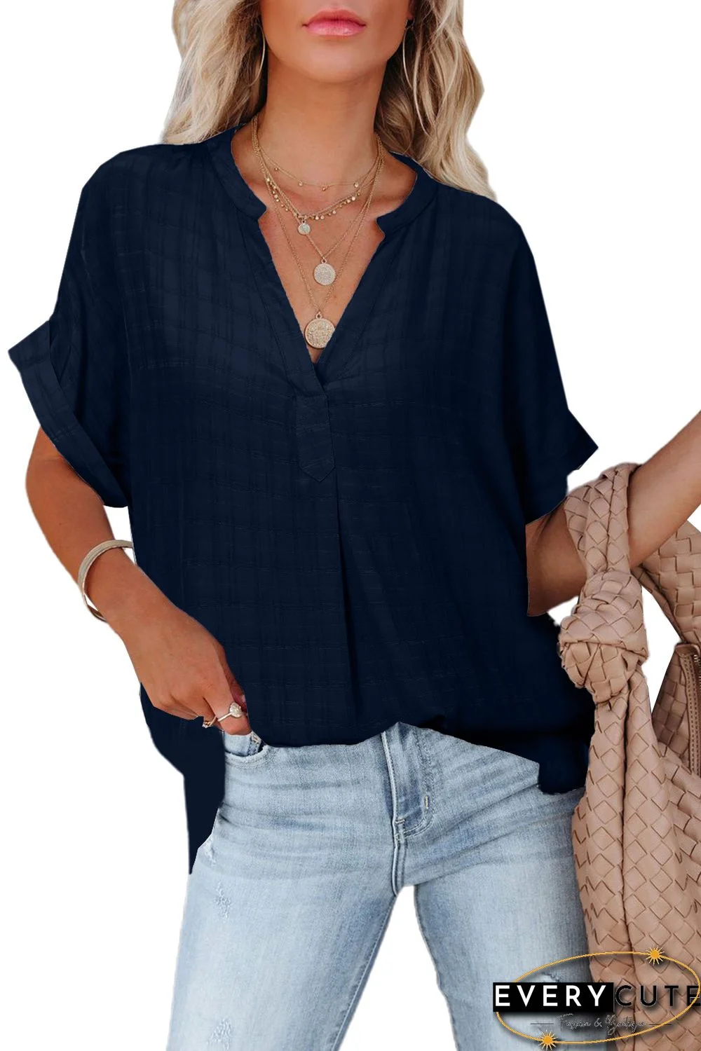 Navy Plaid Print Loose V Neck Short Sleeve Shirt with Slits