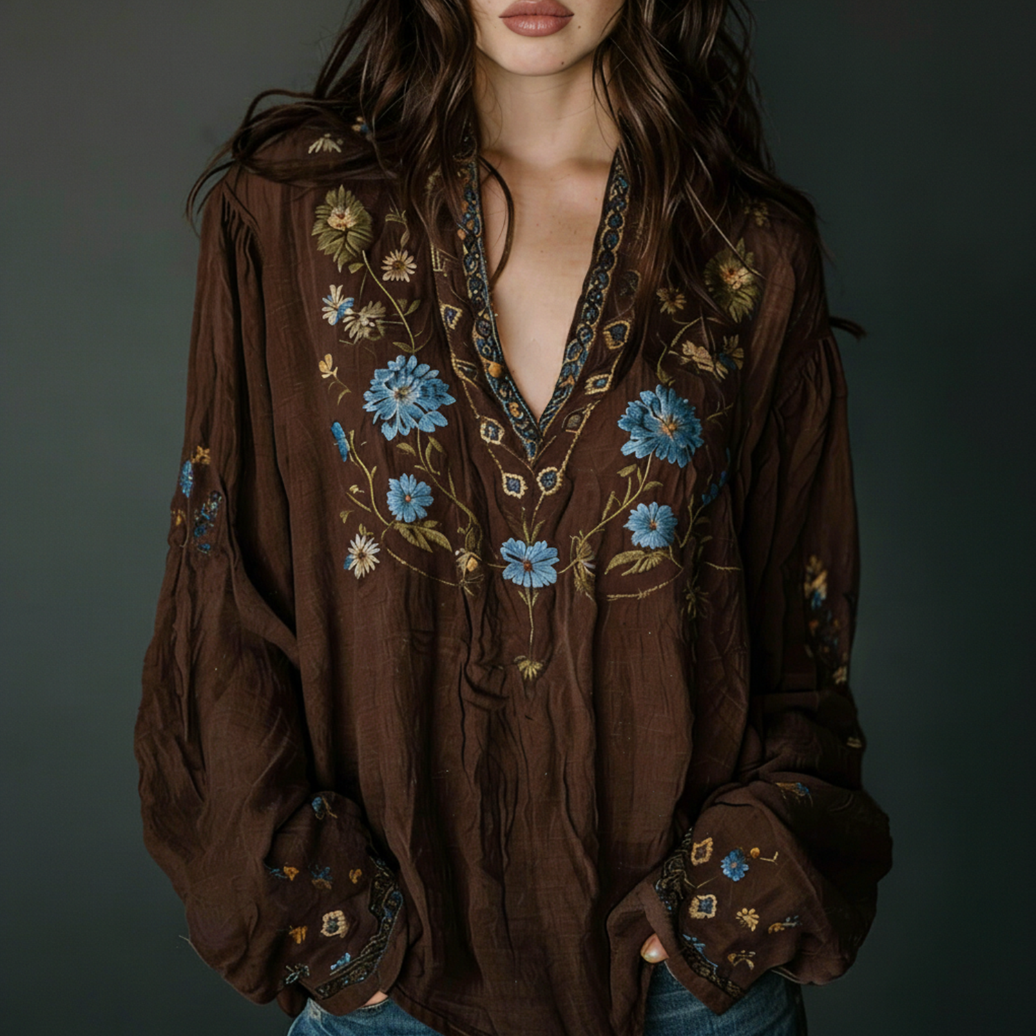 Cotton Linen Boho Patchwork Tunica Top For Women V-Neck Loose Flowy Summer Casual Shirt With Floral Print And Geometric - Helixace