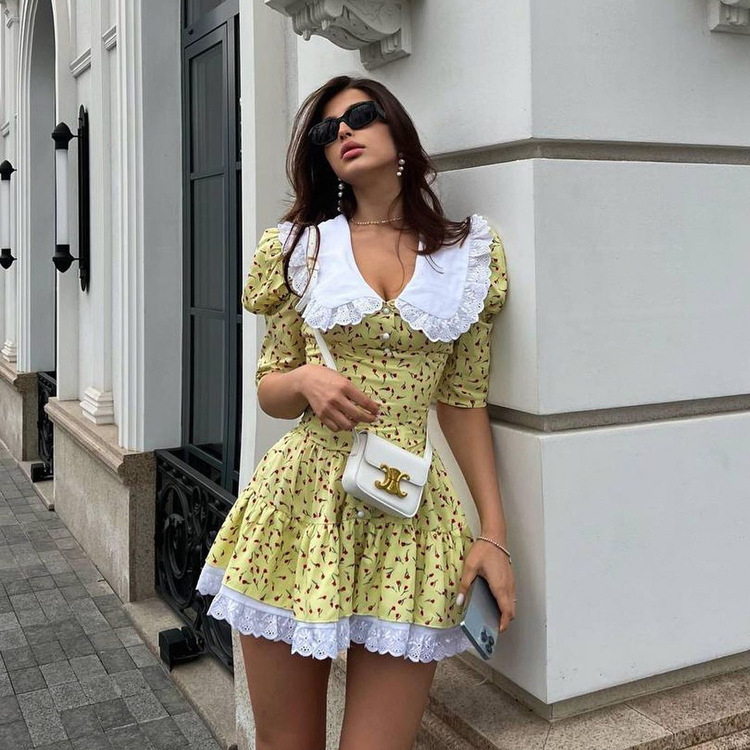 Ootddress Summer Printed Patchwork Mini Dress Female V-Neck Short Sleeve Slim Fashion Elegant Party Dress Gown For Women Dress 2025