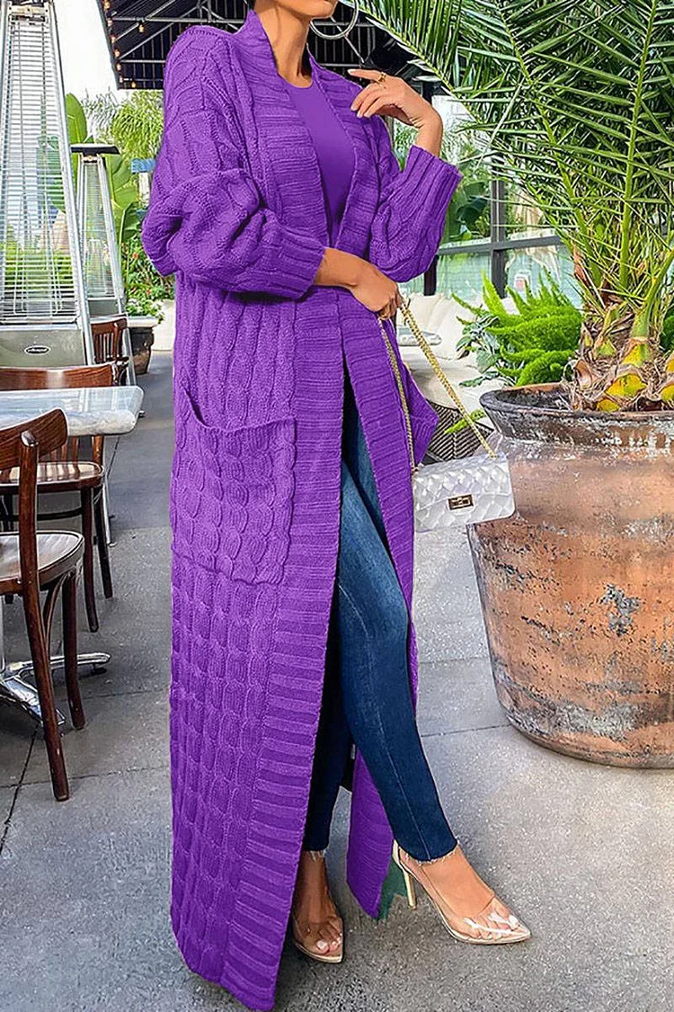 Xpluswear Plus Size Casual Purple Cardigans Long Sleeve With Pockets Knit Floor Length Outerwear