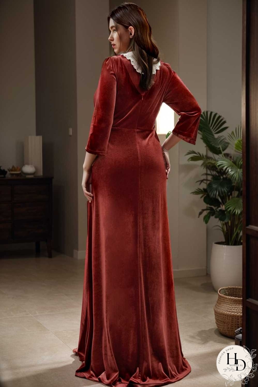 velvet 3 4 length sleeve illusion v neck front slit evening dress
