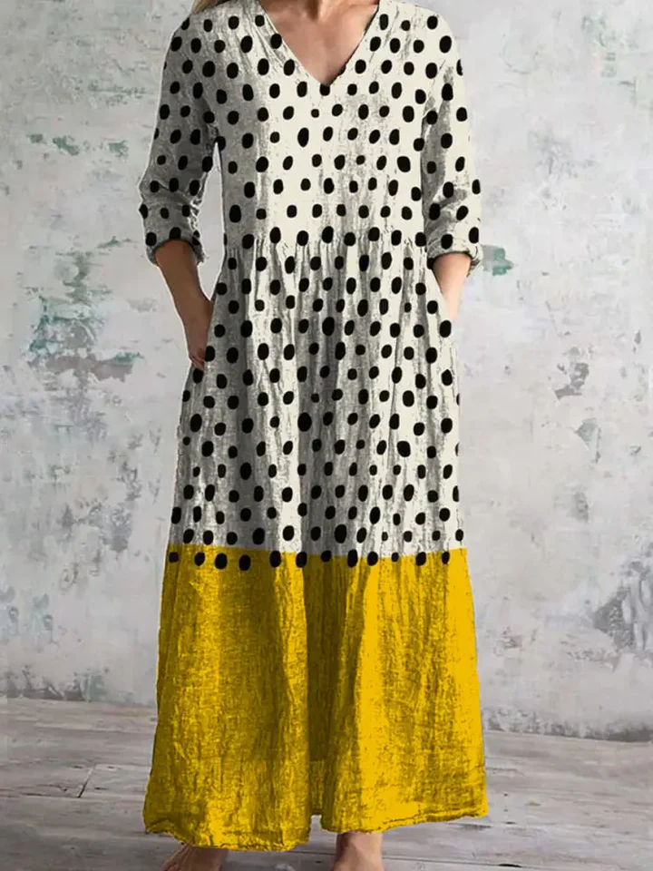 Womens Art Polka Dots Pattern Cotton And Linen Dress