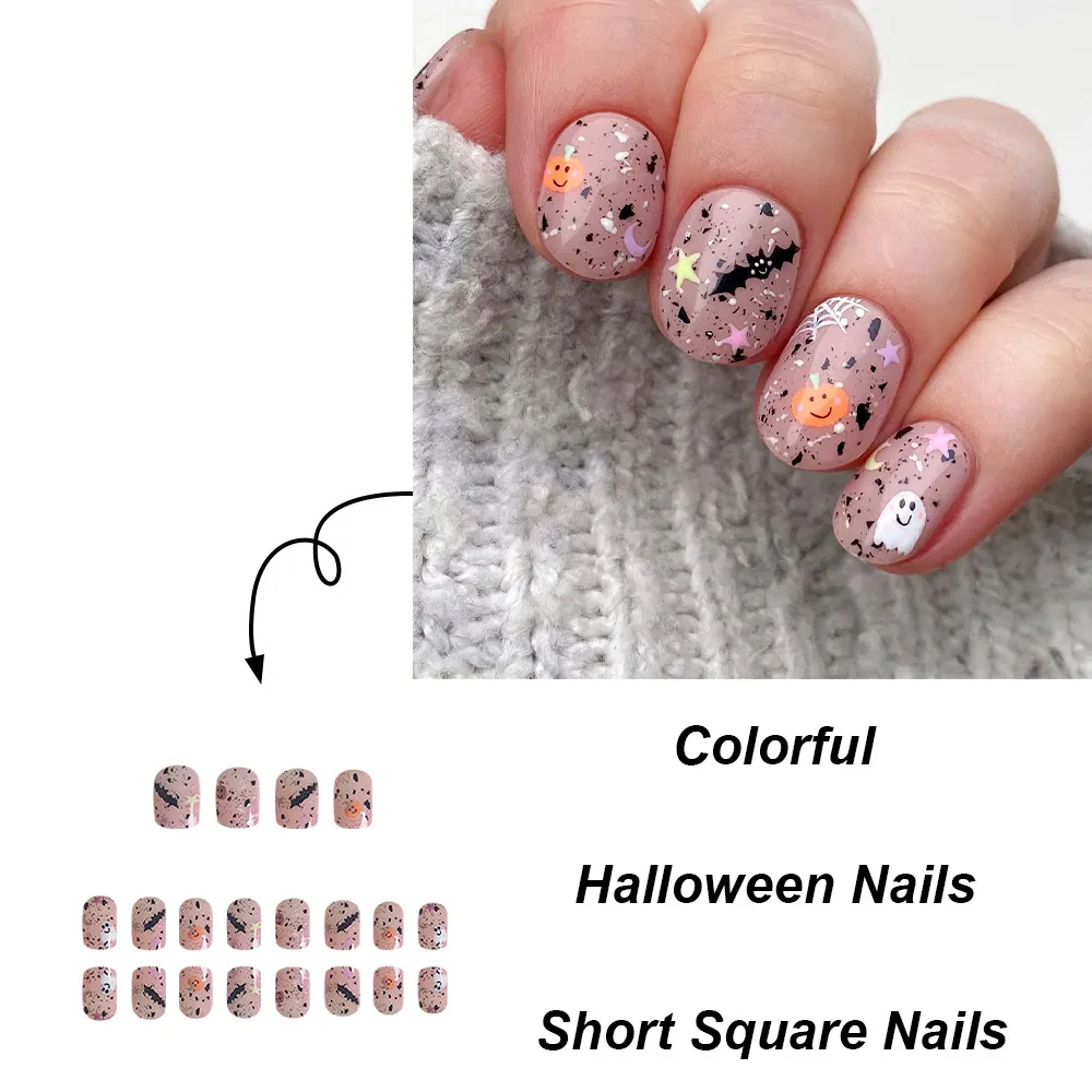 Churchf Churchf Short Square Nail Cute Little Ghost Pumpkin Bat Spider Web Fake Nails Finished Wearing A Holiday Nail