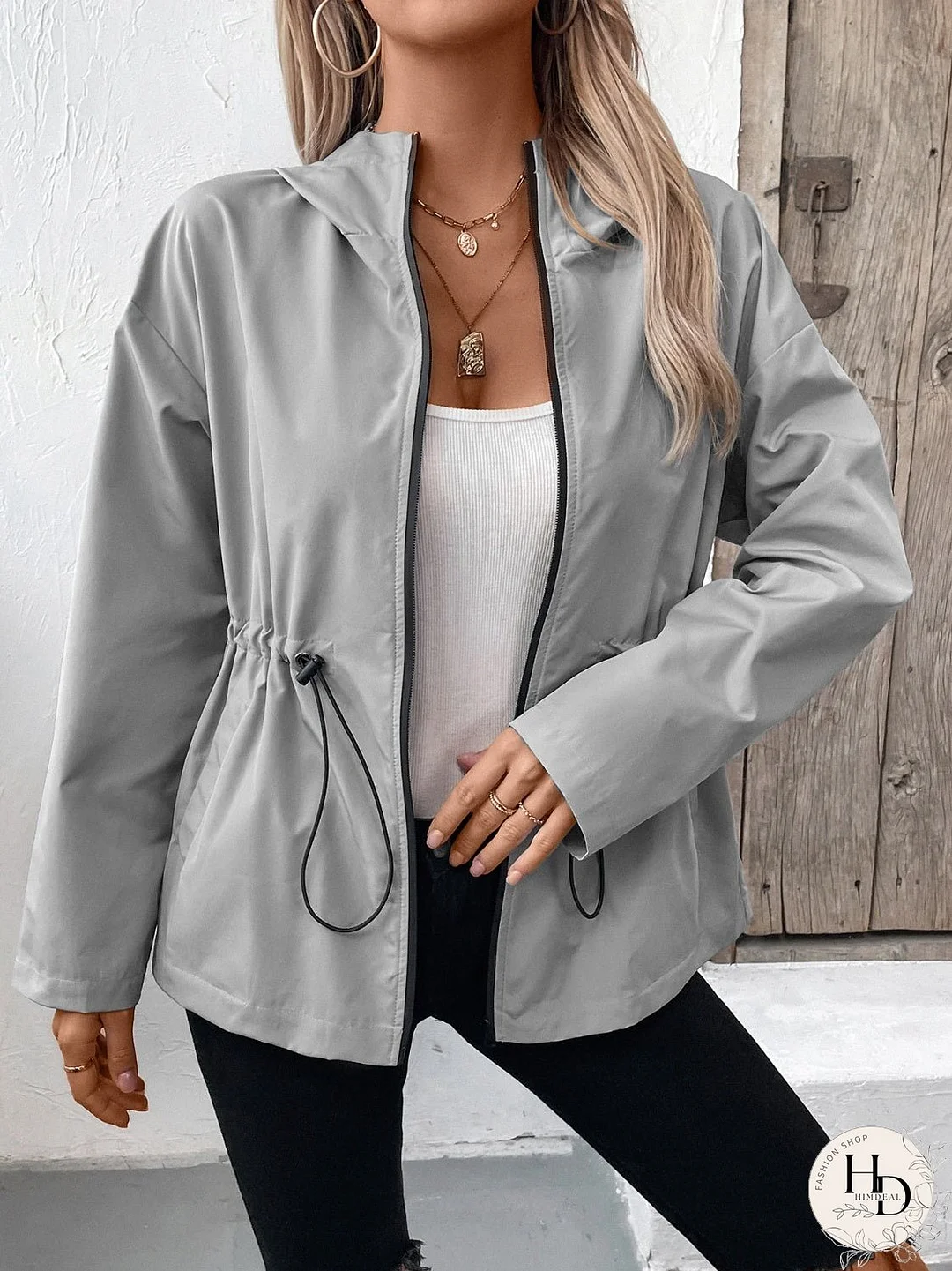 Drawstring Zip Up Hooded Jacket