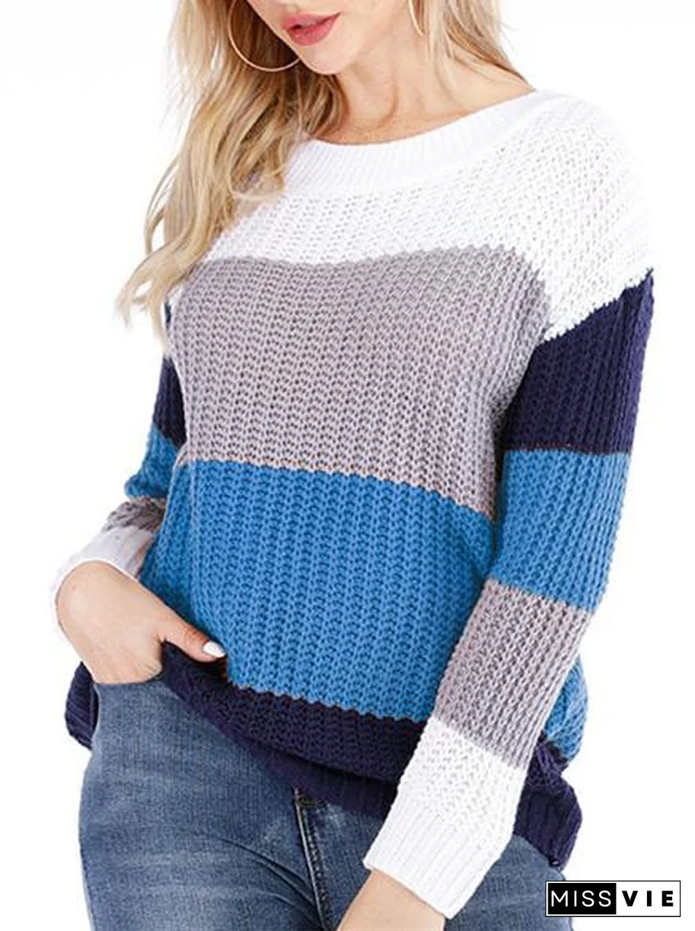 Women's Scoop Neck Long Sleeve Striped Stitching Sweater Top