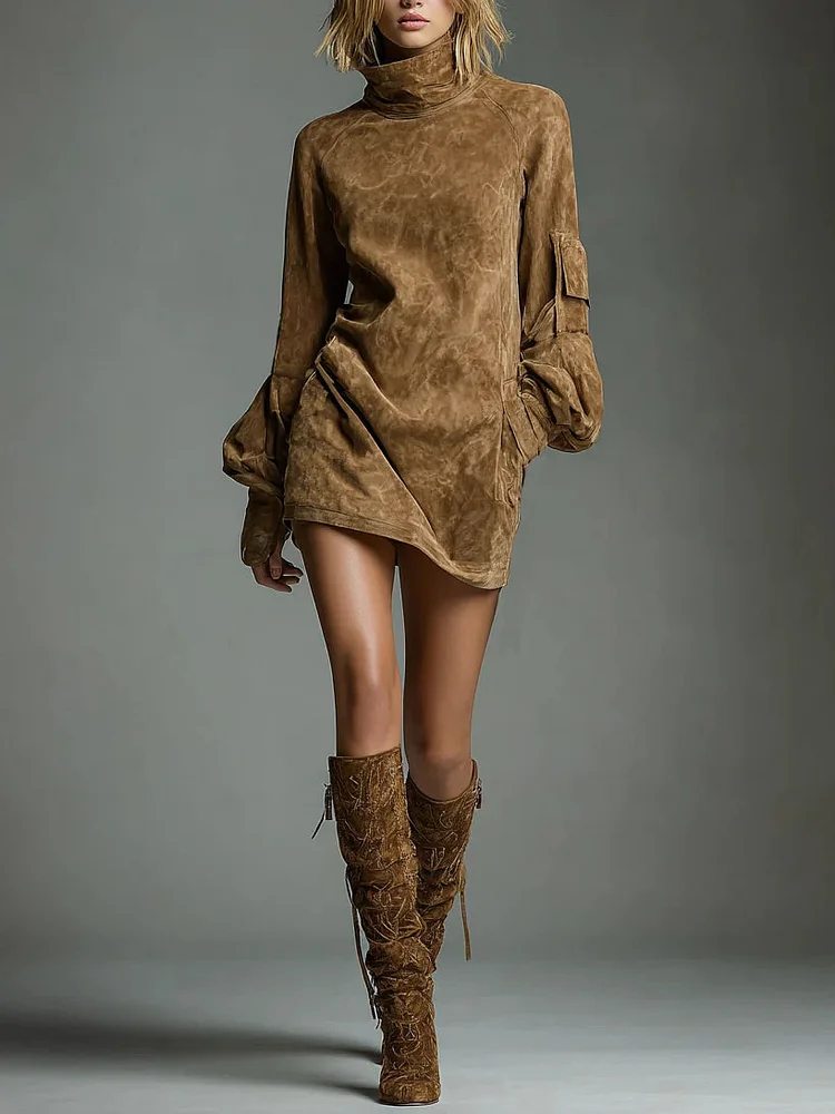 Vintage Loose Suede Turtleneck Mini Dress