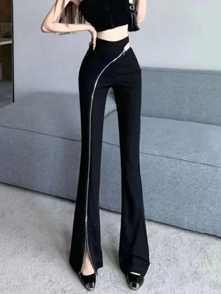 Huiketi Fashion Zipper Women Flare Pants High Waist Slim Korean High Street Sexy Office Ladies Suit Pants New