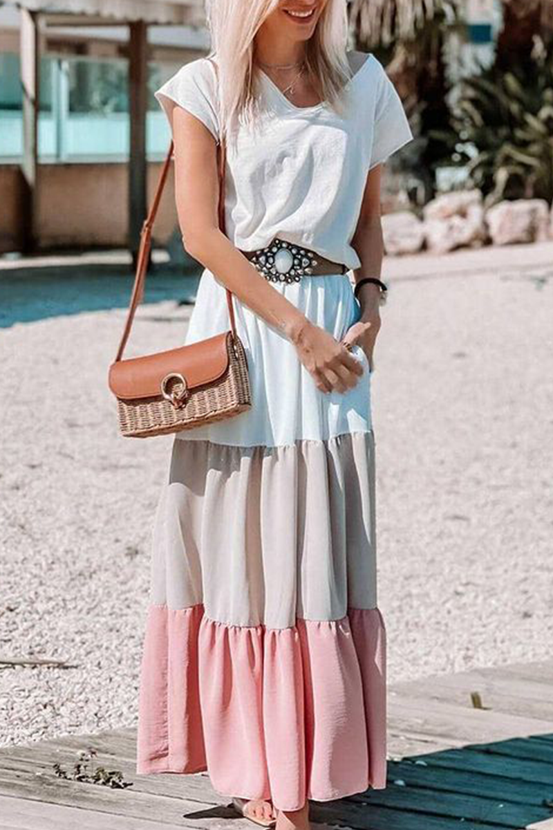 Casual Color Block V Neck Cake Skirt Dresses