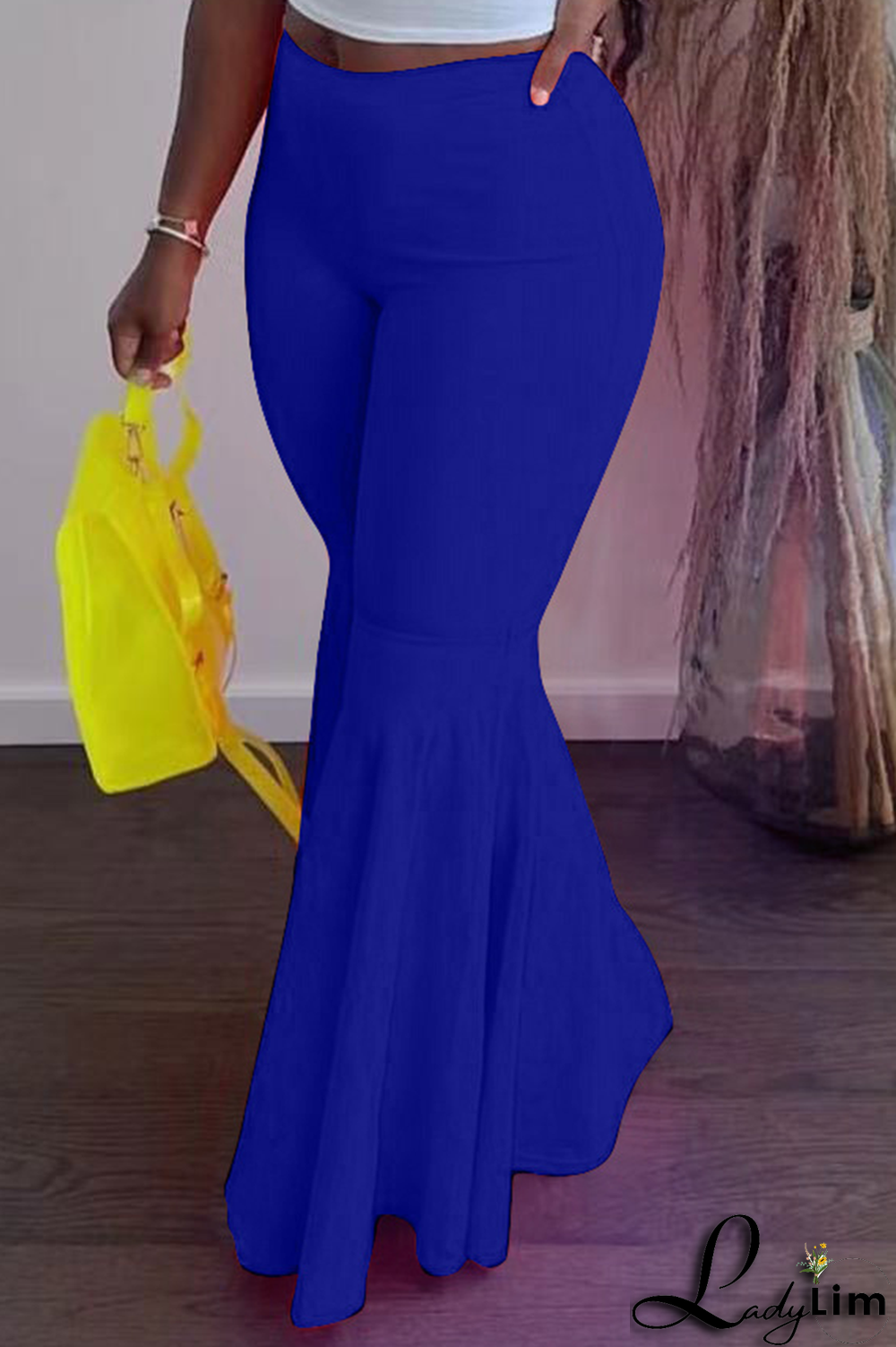 Fluorescent Green Fashion Solid Flounce Boot Cut High Waist Speaker Solid Color Bottoms