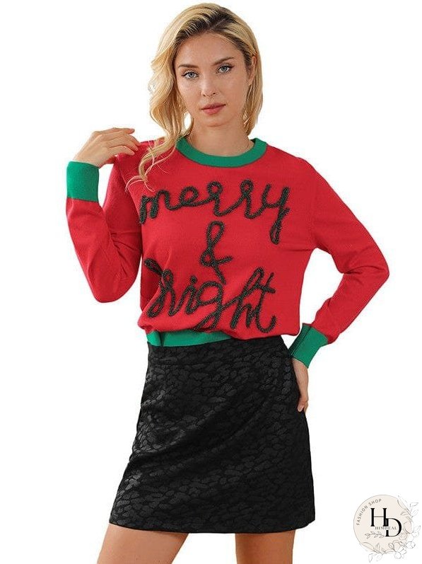Women'S Casual Christmas Sweater With Letter Print Round Neck Long Sleeve Top