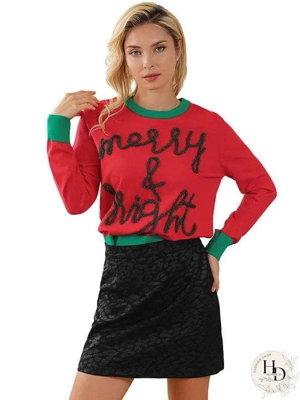 Women'S Casual Christmas Sweater With Letter Print Round Neck Long Sleeve Top