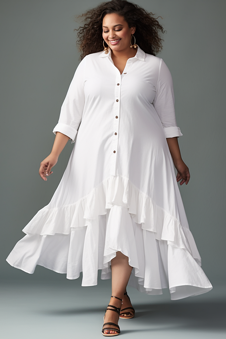 Xpluswear Design Daily White Elegant Shirt Collar Long Sleeve Ruffle Linen Midi Dresses