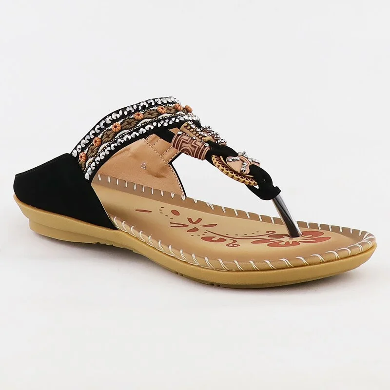 Flat sandals women shoes Flip Flops Sandals Soft Metal decoration Rhinestone ethnic style Elastic band Summer sandals 2021