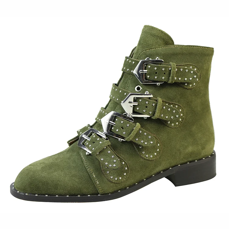 Black Cowhide Studded Buckles Round Toe Motorcycle Boots  Stunahome.com