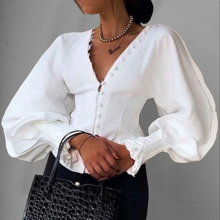Fashion V Neck Button Puff Sleeve Blouse